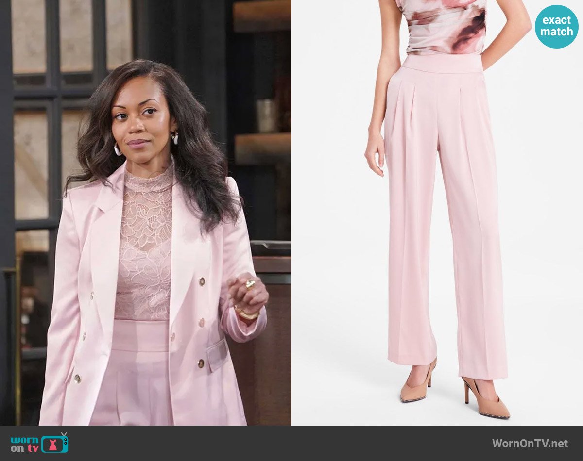 Bar III High-Rise Wide-Leg Satin Pants in Desert Rose worn by Amanda Sinclair (Mishael Morgan) on The Young and the Restless