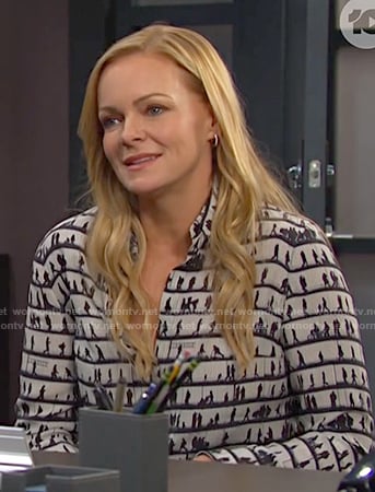Belle's white print button down shirt on Days of our Lives