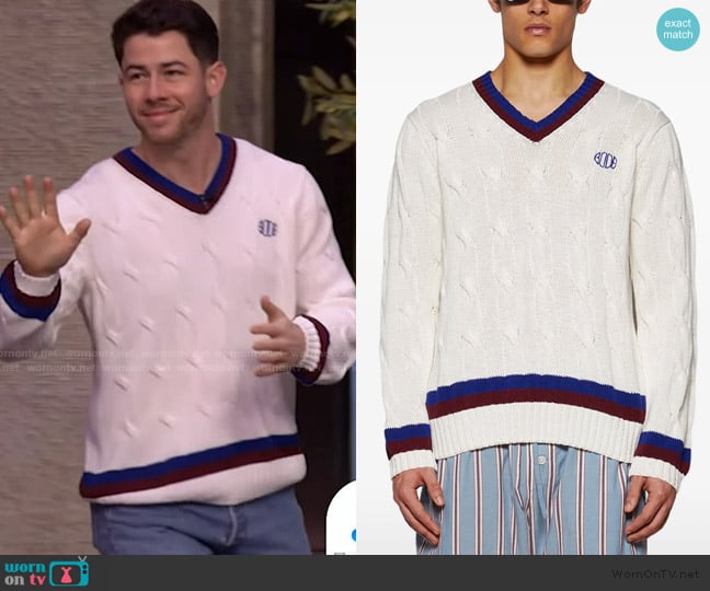 Bode Tennis cotton sweater worn by Nick Jonas on Live with Kelly and Mark