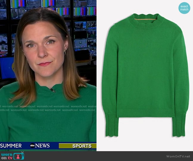 Boden Imi Scalloped Sweater in Rich Emerald worn by Maggie Rulli on Good Morning America