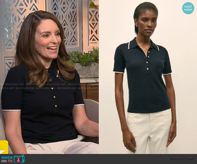 Brooks Brothers Silk Blend Short-Sleeve Tipped Polo Sweater worn by Tina Fey on Access Hollywood