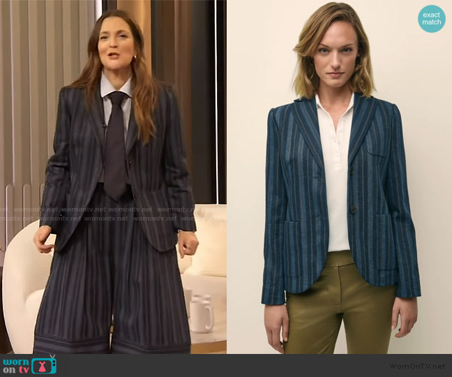 Drew’s blue striped jacket on The Drew Barrymore Show
