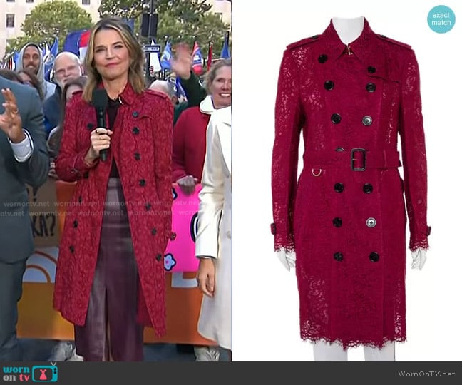 Burberry Lace Double Breasted Belted Trench Coat in Burgundy worn by Savannah Guthrie on Today