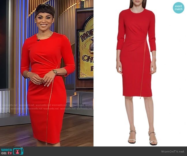 Calvin Klein Asymmetrical-zip Sheath Dress in Red worn by Jericka Duncan on CBS Evening News