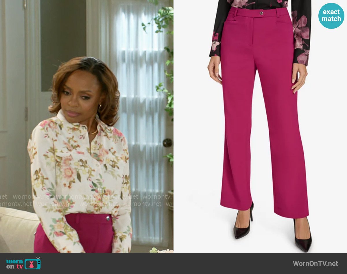 Calvin Klein Luxe Highline Pants in Mulberry worn by Tracy (Maria Howell) on Beyond the Gates