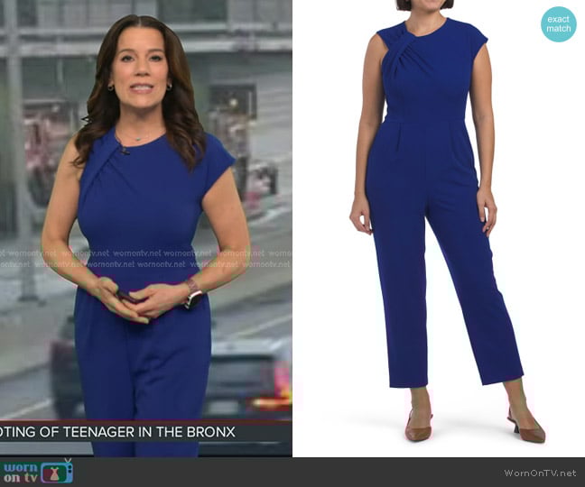 Calvin Klein Stretch Boucle Jumpsuit in Ultramarine worn by Heather O’Rourke on Good Morning America