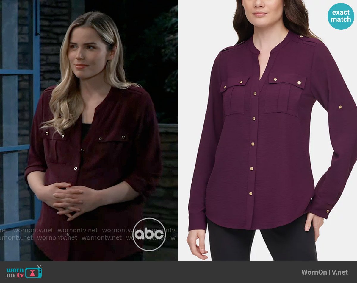 Calvin Klein Textured Roll-Tab Blouse worn by Sasha Gilmore (Sofia Mattsson) on General Hospital