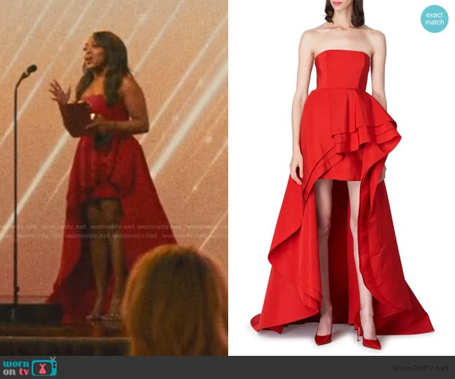 Carolina Herrera Strapless Tiered Ruffle High-Low Silk Gown worn by Quinta Brunson (Quinta Brunson) on The Studio