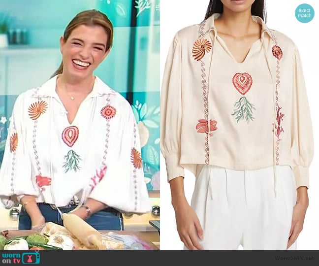 Carolina K Eterna Elis Embroidered Puff-Sleeve Blouse worn by Pati Jinich on Sherri