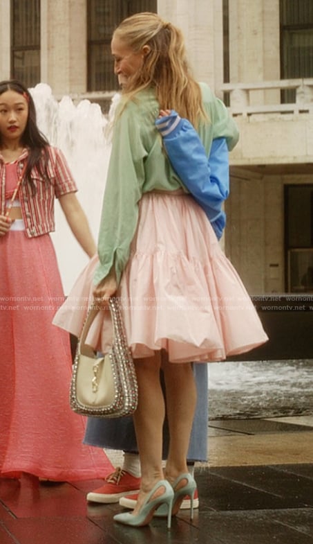 Carrie's white leather crystal embellished bag on And Just Like That
