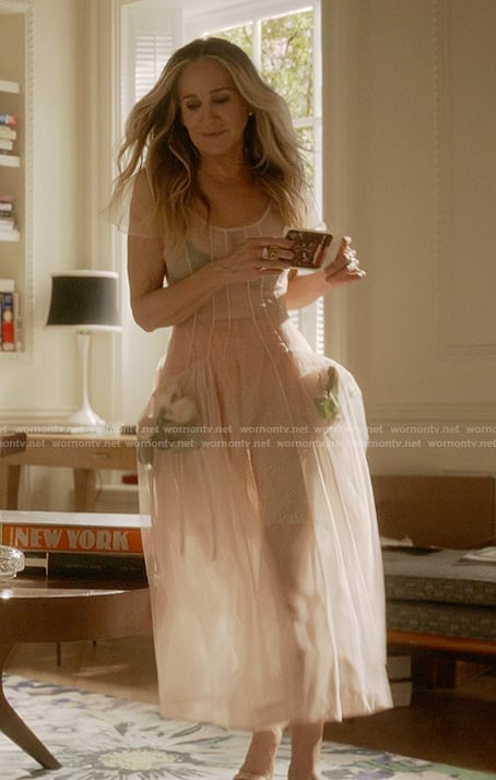 Carrie's tulle floral dress and coat on And Just Like That