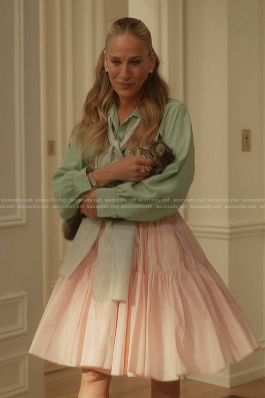 Carrie's mint green blouse and skirt on And Just Like That