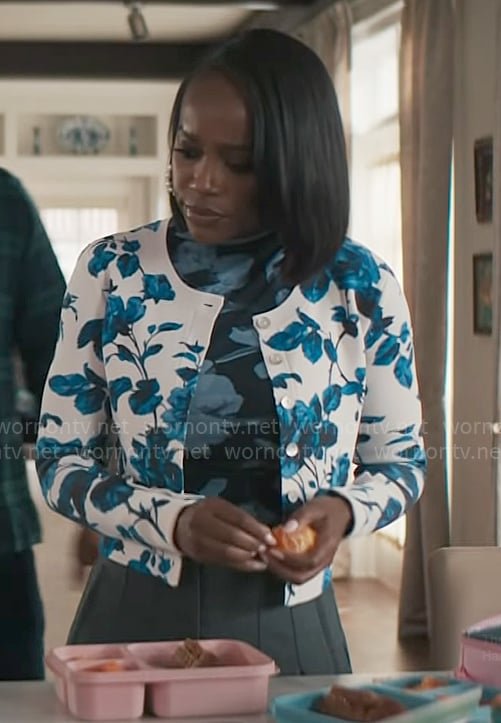 Catherine’s blue floral top and cardigan on Grosse Pointe Garden Society