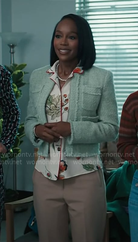 Catherine's floral shirt and green tweed jacket on Grosse Pointe Garden Society