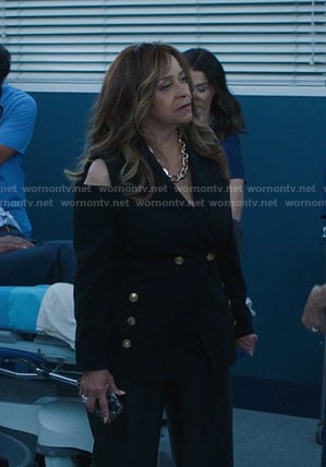 Catherine's black cold shoulder blazer on Greys Anatomy