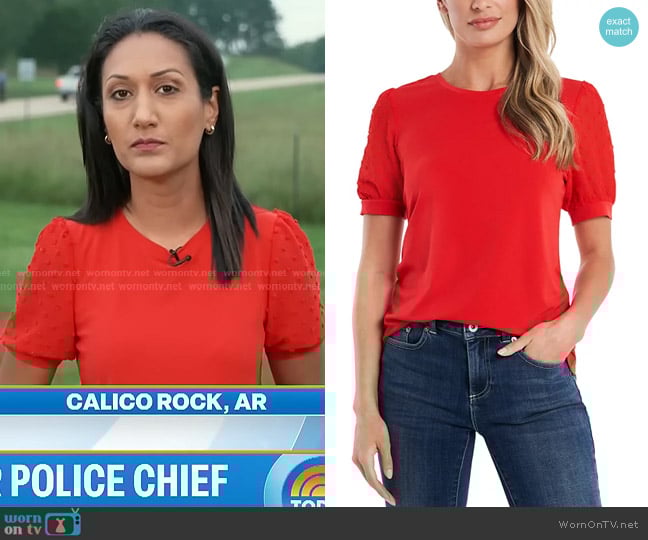 Cece Short Puff Sleeve Mixed Media Knit Top in Fireball worn by Priya Sridhar on Today