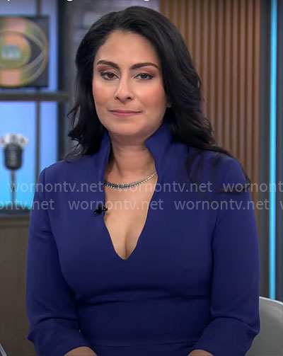 Celine Gounder's blue split-neck dress on CBS Mornings