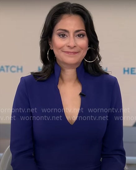 Celine Gounder's blue split-neck dress on CBS Mornings