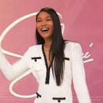Chanel Iman’s white contrast trim tweed dress on Sherri
