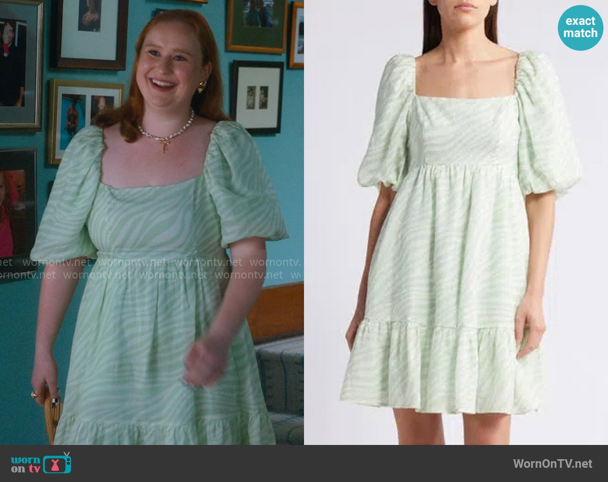 Chelsea28 Puff Sleeve Babydoll Dress in Green- Ivory Painted Zebra worn by Lila (Julia Lester) on The Four Seasons