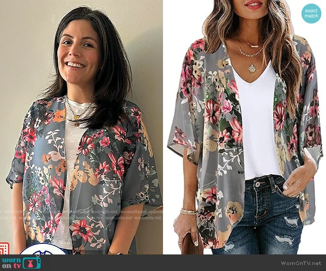 Chicgal Floral Print Puff Sleeve Kimono Cardigan in Dark Grey worn by Adrianna Barrionuevo Brach on Today