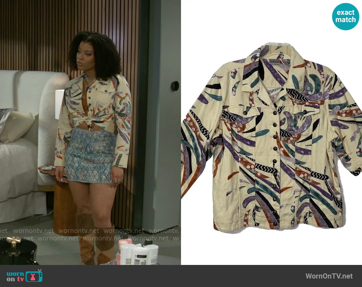 Chicos Vintage Linen Blend Button Up Jacket worn by Eva Thomas (Ambyr Michelle) on Beyond the Gates