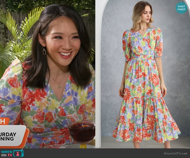 Chic Wish Summer Shine Floral Printed Frilling Wrapped Dress worn by Nancy Chen on CBS Mornings