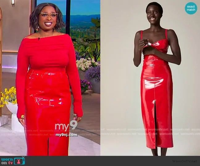 Christopher John Rogers x J. Crew Front Slit Skirt in red vinyl worn by Jennifer Hudson on The Jennifer Hudson Show