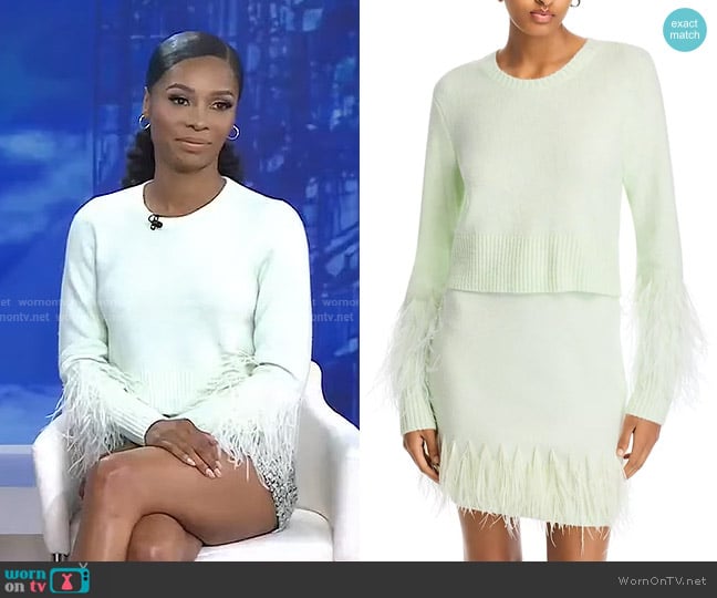 Cinq a Sept Briana Feather Trim Crewneck Sweater in Patina worn by Zuri Hall on Today
