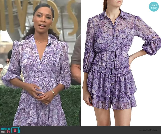 Cinq a Sept Painted Hydrangea Marsea Ruffle Chiffon Shirtdress worn by Zuri Hall on Access Hollywood