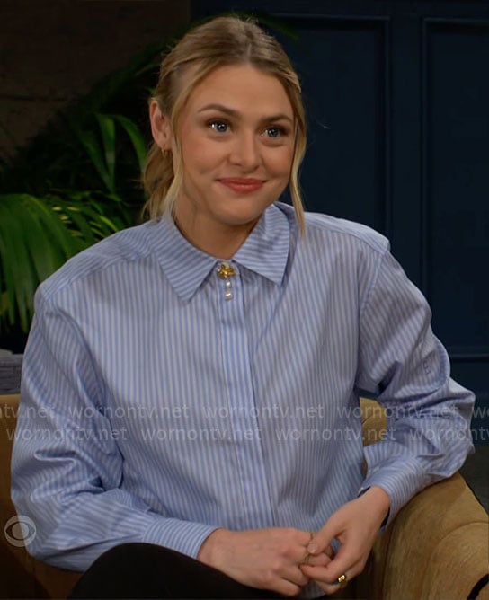 Claire's blue striped crop shirt on The Young and the Restless