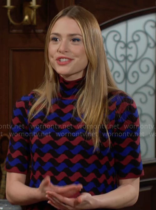 Claire’s red and blue wavy stripe dress on The Young and the Restless