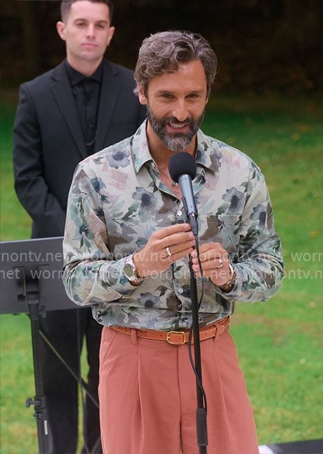 Claude's watercolor floral shirt on The Four Seasons