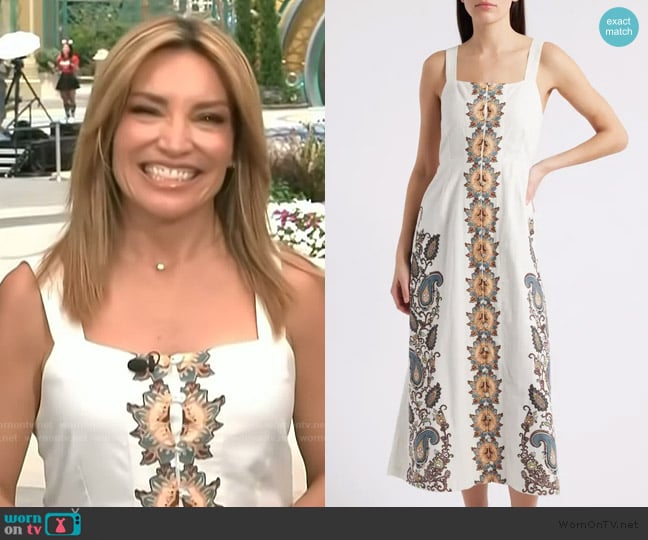 Cleobella Jolene Placement Print Cotton & Linen Midi Sundress worn by Kit Hoover on Access Hollywood