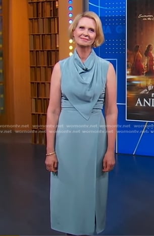 Cynthia Nixon’s blue scarf neck dress on Good Morning America