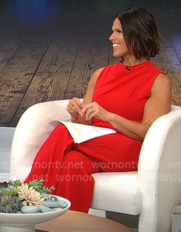 Dana Jacobson's red sleeveless jumpsuit on CBS Mornings