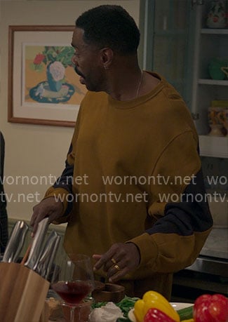 Danny's mustard colorblock sweatshirt on The Four Seasons