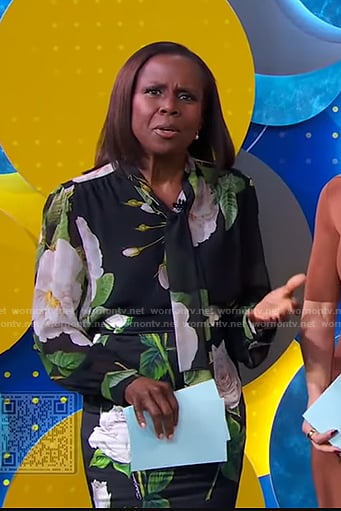 Deborah's black floral tie neck blouse and pencil skirt on Good Morning America