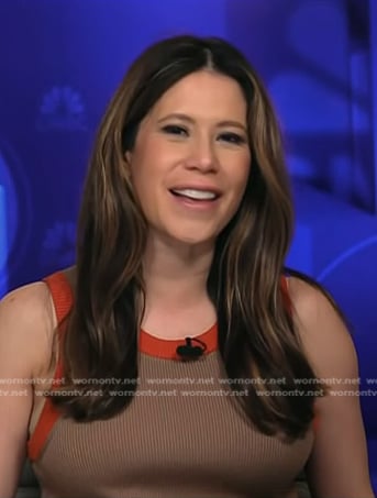 Deirdre’s brown contrast trim ribbed dress on NBC News Daily