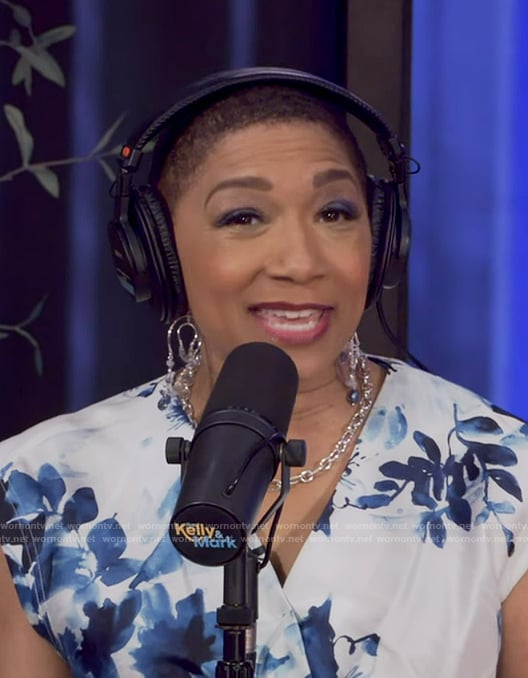 Deja Vu’s blue floral print wrap dress on Live with Kelly and Mark