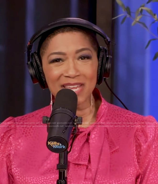 Deja Vu’s pink satin tie neck blouse on Live with Kelly and Mark