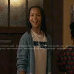 Denny's white print tee and blue paisley cardigan on 9-1-1