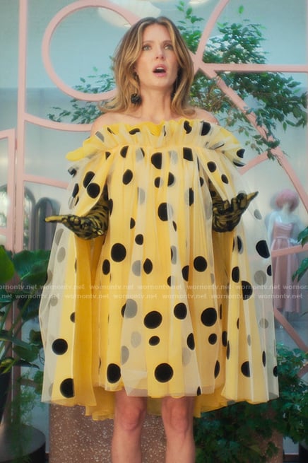 Devon's yellow polka dot tulle mini dress on Sirens