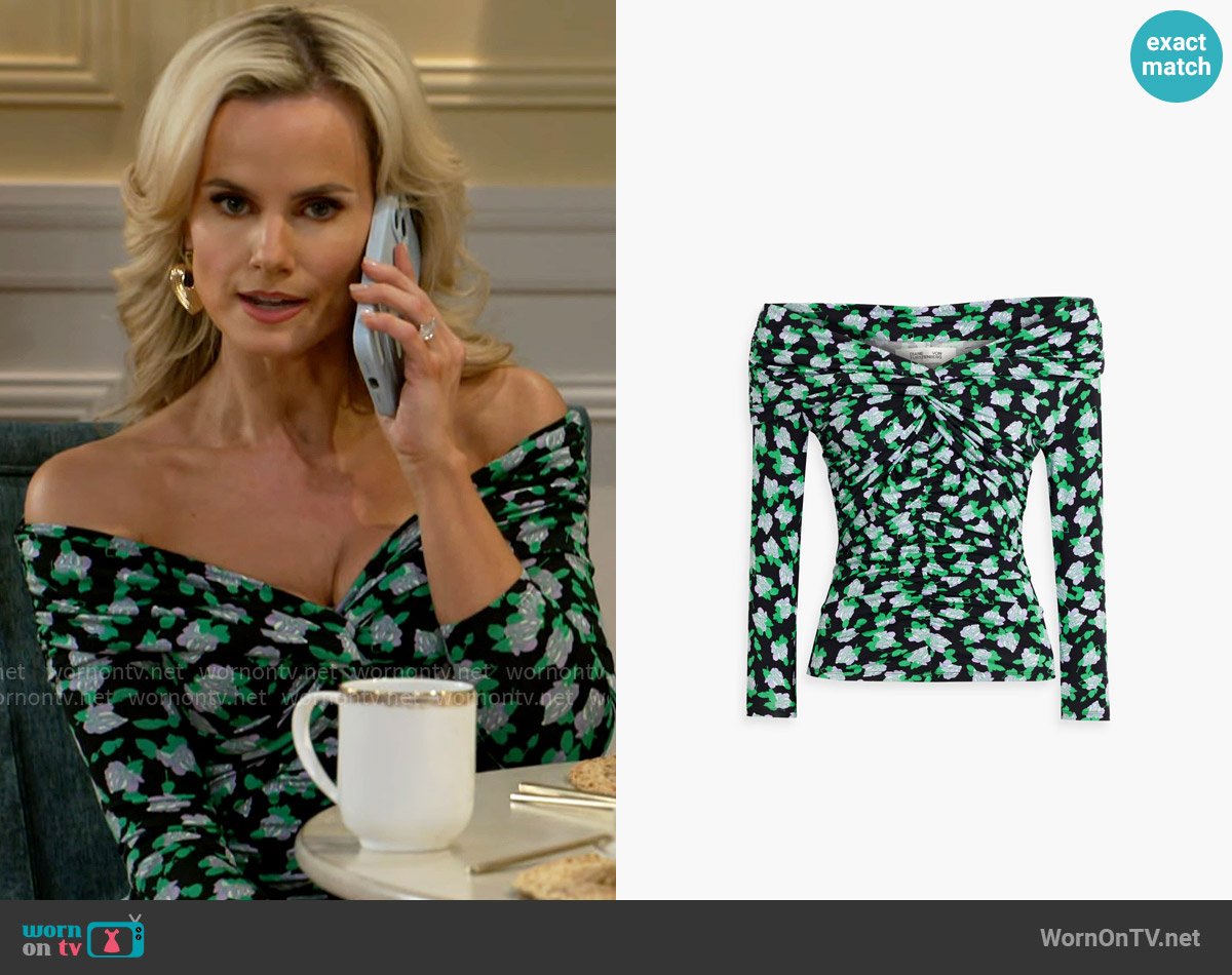 Diane von Furstenberg Leia off-the-shoulder floral-print stretch-jersey top worn by Vanessa McBride (Lauren Buglioli) on Beyond the Gates