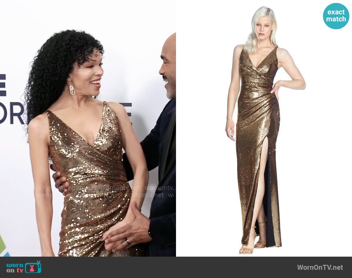 Dress the Population Jordan Ruched Mermaid Gown worn by Portia Robinson (Brook Kerr) on General Hospital