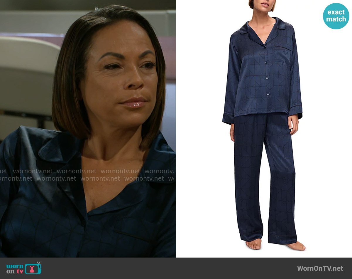 Eberjey Inez Printed Washable Silk Long Pajama Set in Mosaic Tile Navy/Black worn by Nicole Dupree Richardson (Daphnee Duplaix) on Beyond the Gates