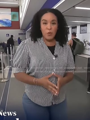 Elise Preston's stripe puff sleeve top on CBS Evening News