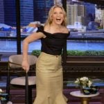 Elizabeth Banks’ beige asymmetric skirt on Live with Kelly and Mark