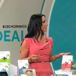Elizabeth Werner’s coral pink draped neckline dress on CBS Mornings
