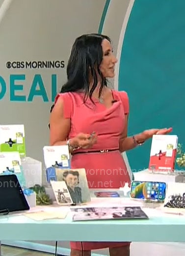 Elizabeth Werner’s coral pink draped neckline dress on CBS Mornings